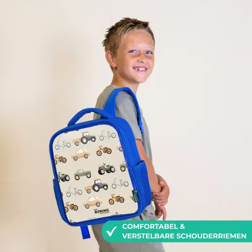 Retro voertuigen patroon Kinderrugzak - Blauw middel -sfeer3_NL