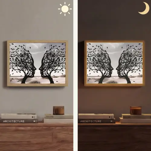 Bomen - Gezicht - Bladeren - Moderne kunst Light Box met batterij (Wandlamp) middel -sfeer3