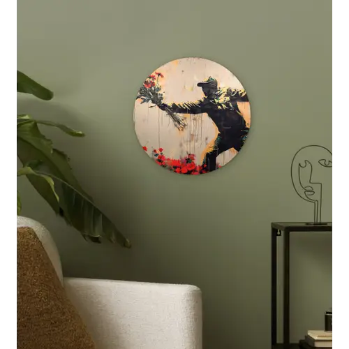 Street art - Man - Bloemen - Rood - Graffiti - Banksy Wandcirkel kunststof plaat 5mm dik klein -sfeer3
