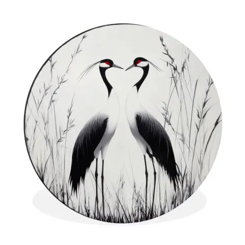 Kraanvogels - Gras - Hartvorm - Zwart Wandcirkel aluminium klein -3d