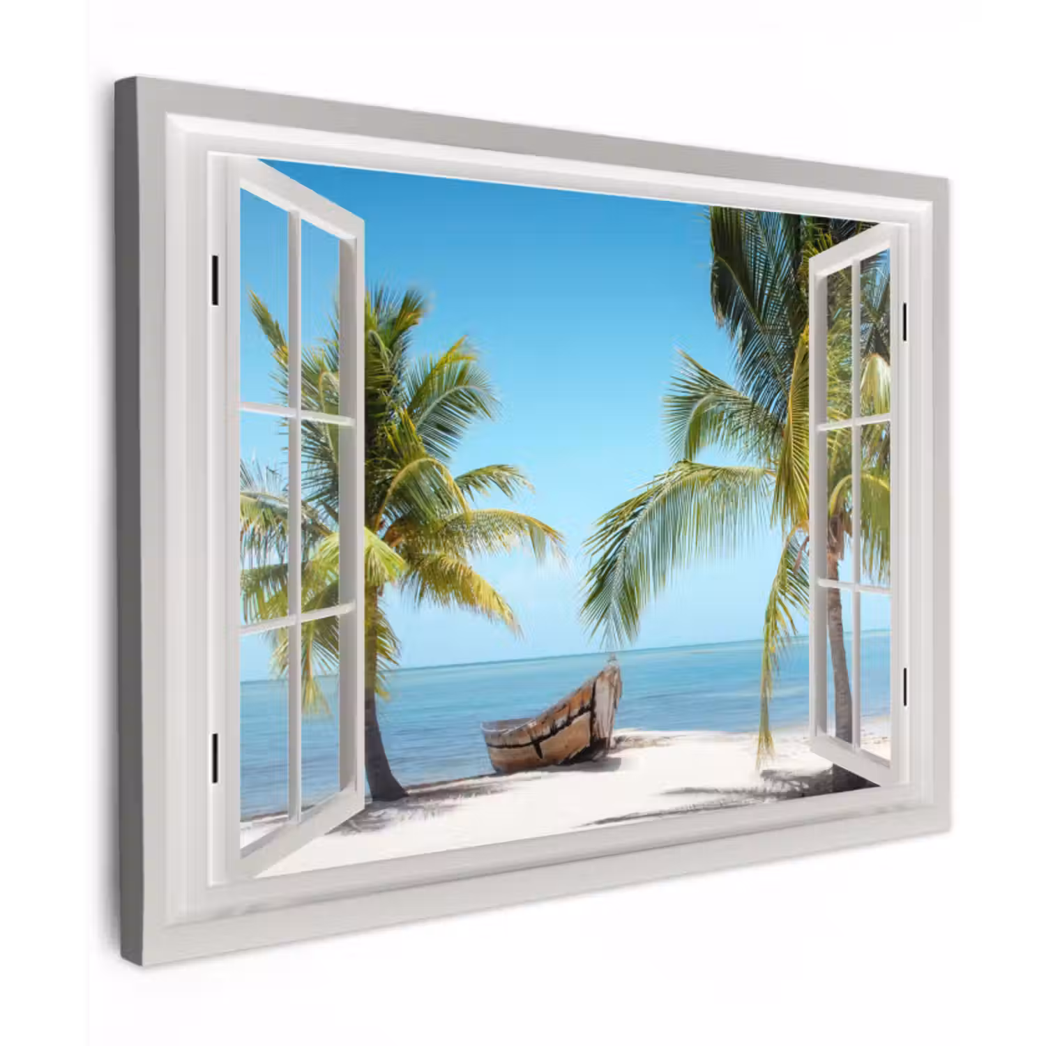 Canvas schilderij - Doorkijk - Strand - Palmboom - Boot - Tropisch - Zee - Blauw