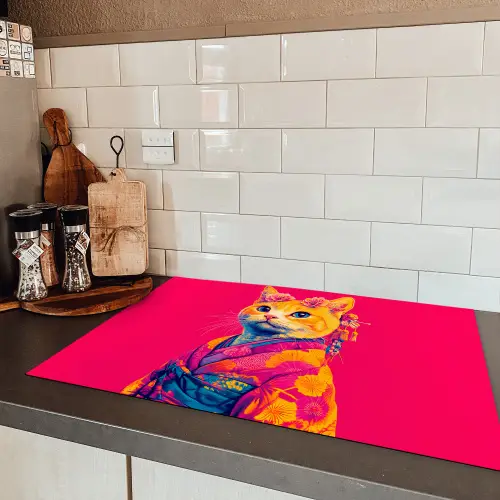 Kat - Kimono - Bloemen - Roze Inductie beschermer vinyl 3mm klein -sfeer3