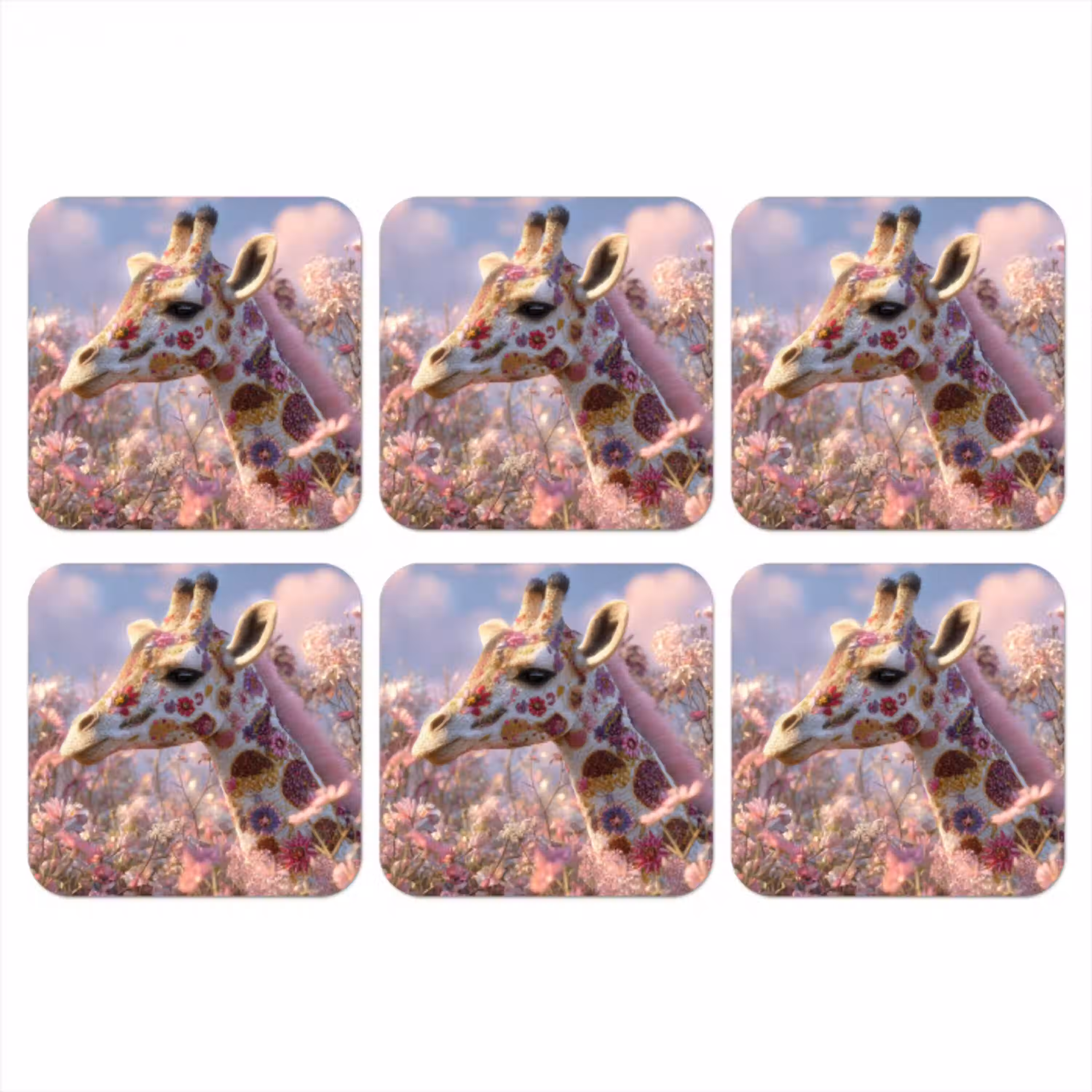 Giraffe - Bloemen - Roze onderzetter kurk middel -3d