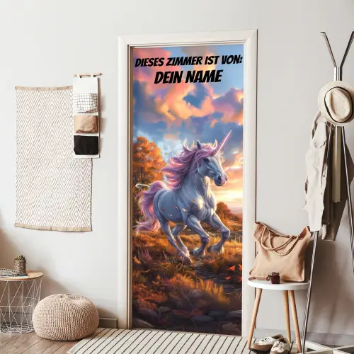 Einhorn im herbstlichen Sonnenuntergang mit personalisierbarem Namensfeld. deurposter klein -sfeer6