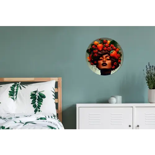 Vrouw - Chocolade - Frambozen - Aardbeien - Koekjes Wandcirkel aluminium klein -slaapkamer
