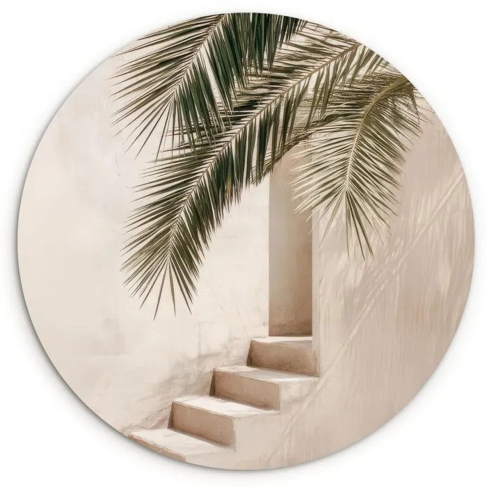 Palmboom - Schaduw - Trap - Beige Wandcirkel kunststof plaat 5mm dik klein -3d