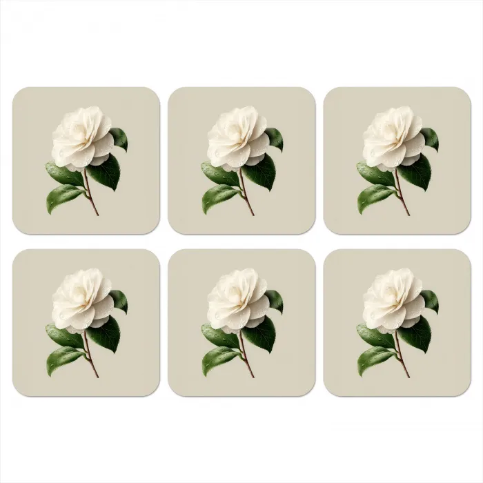 Cameliabloem - Wit - Groen onderzetter kurk middel -3d