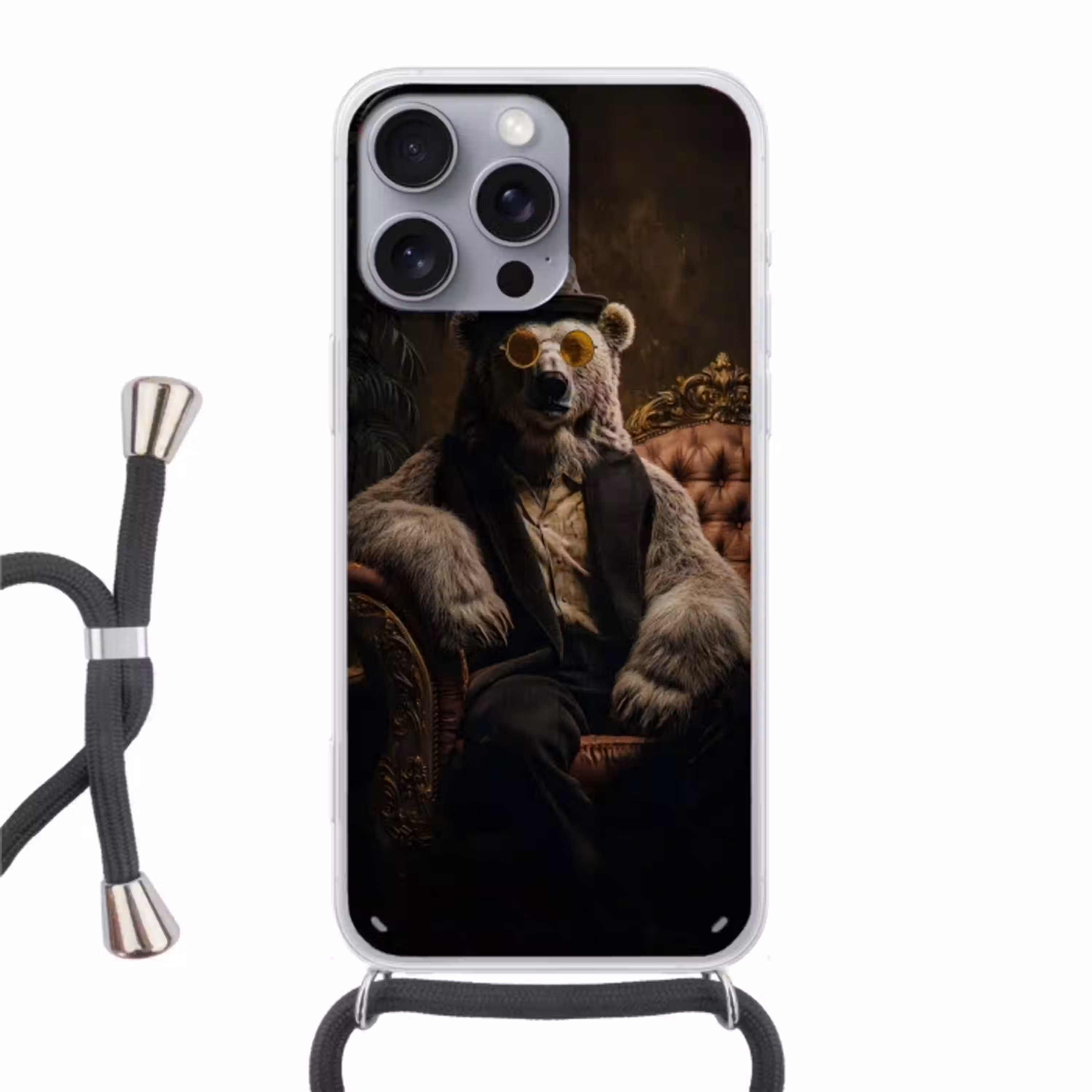 Ijsbeer - Hoed - Bril - Stoel Hoesje iPhone 16 Pro Max met koord klein -3d
