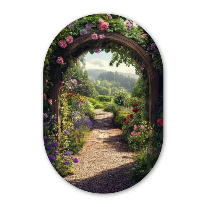 Doorkijk - Landschap - Bloemen - Rozenboog - Natuur Wandcirkel Ovaal Glas middel -3d
