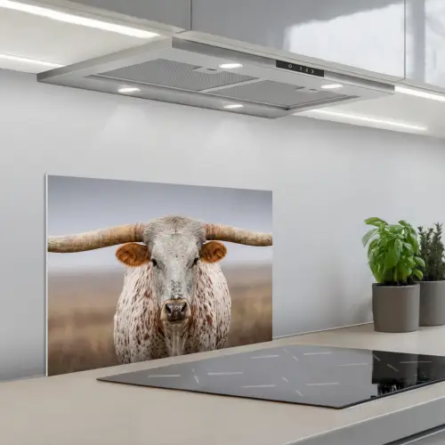 Longhorn - Grasveld - Dier keuken achterwand spatscherm klein -3d_schuin