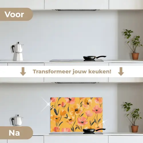 Bloemen - Geschilderd - Geel keuken achterwand spatscherm klein -voor_na_NL