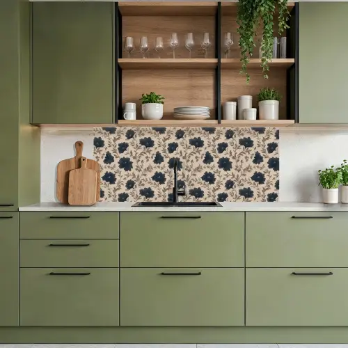 Motief - Bloemen - Zwart - Beige keuken achterwand 2 middel 871 -sfeer3
