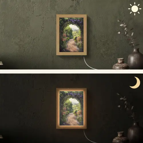 Doorkijk - Landschap - Bloemen - Tuinboog - Natuur Light Box met kabel (Wandlamp) klein -sfeer3