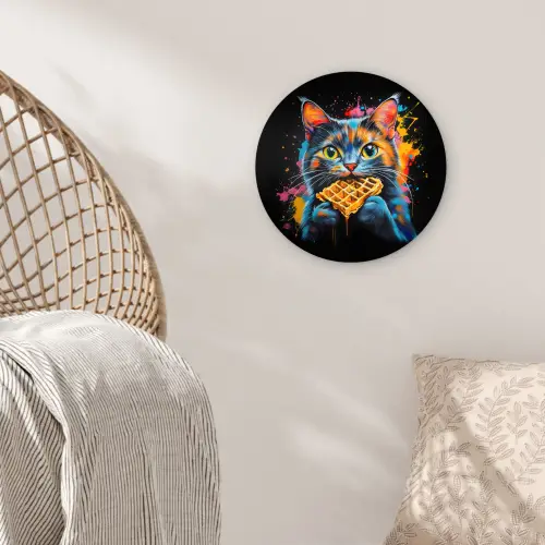 Kat - Graffiti - Kleurrijk - Wafel - Eten Wandcirkel kunststof plaat 5mm dik klein -sfeer5