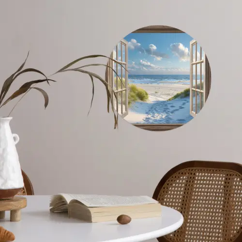 Doorkijk - Strand - Raam - Duinen - Zee Wandcirkel behangsticker klein -sfeer3