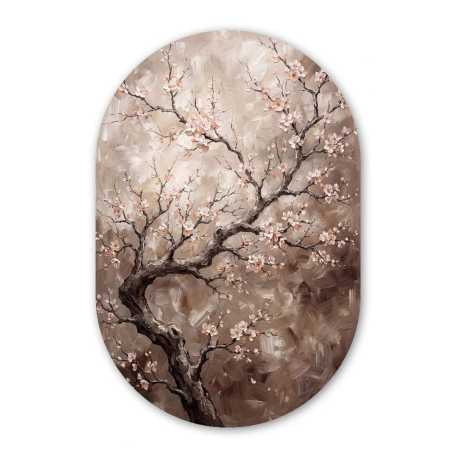 Bloesem - Takken - Schilderij - Beige - Serene Wandcirkel Ovaal Forex klein -3d