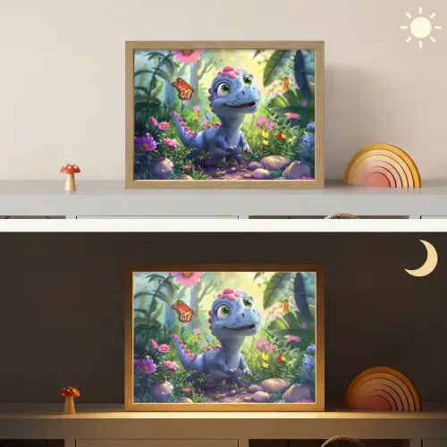 Dino - Paars - Baby - Dinosaurus Light Box met batterij (Wandlamp kind) middel -sfeer3_kind