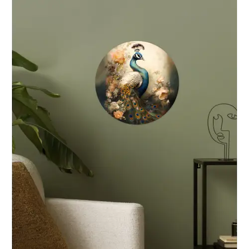 Pauw - Pauwenveren - Bloemen - Vogels - Botanisch Wandcirkel behangsticker klein -sfeer2