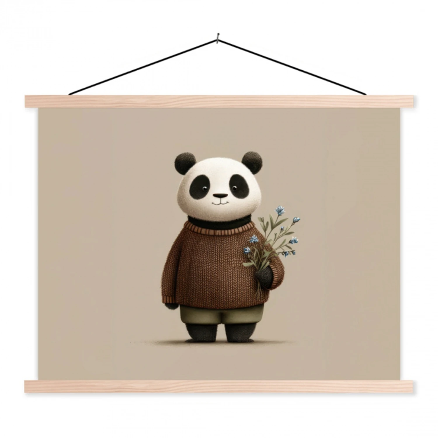 Panda - Blauwe bloemen - Zachtheid textielposter latten blank klein -3d