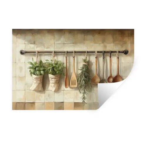 Hout - Keukengerei - Stilleven - Tegels Muursticker klein -3d