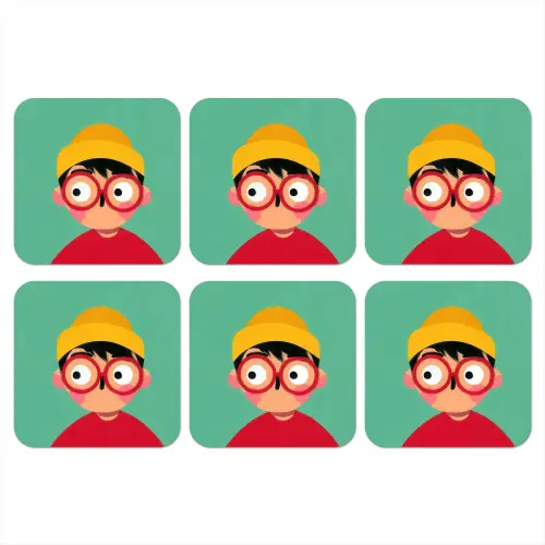 Jongen - Cartoon - Bril - Muts onderzetter kurk middel -3d