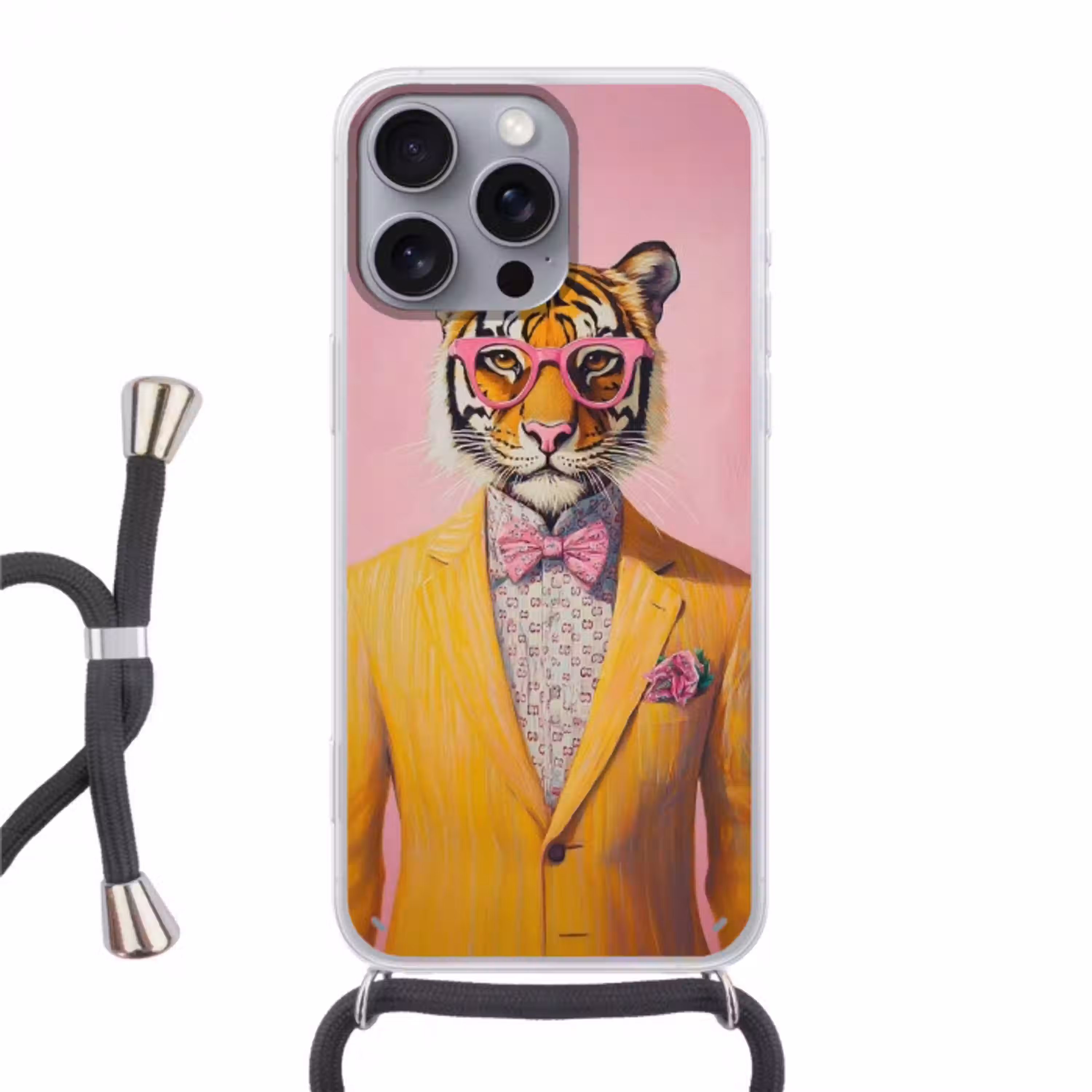 Tijger - Bril - Geel - Jasje Hoesje iPhone 16 Pro Max met koord klein -3d