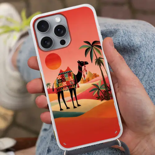 Kameel - Gekleurd tapijt - Duinen - Rode zon Hoesje iPhone 16 Pro Max met koord klein -sfeer3