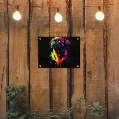 Puck - Hond - Verf - Kleuren tuinposter los doek klein -sfeer1