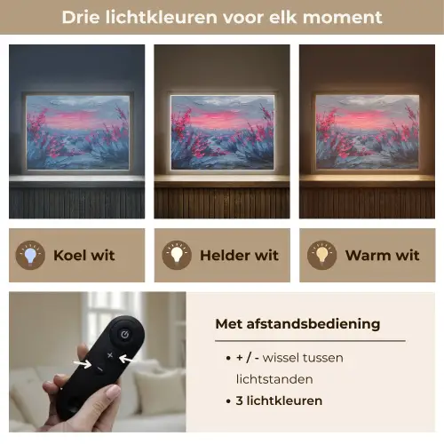 Schilderij - Zonsondergang - Bloemen - Rivier Light Box met batterij (Wandlamp) middel -USP_lichtkleurNL