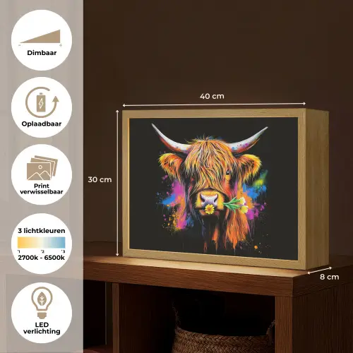 Schotse Hooglander - Graffiti - Kleurrijk - Bloem - Dieren Light Box met batterij (Wandlamp) middel -USP_websiteoverzichtNL