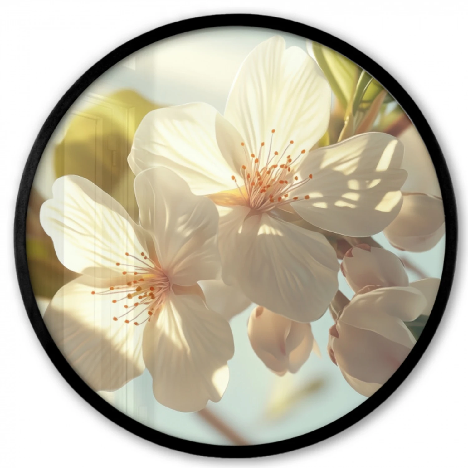 Bloesems - Wit - Zonnestralen -  Bloemblaadjes Fotolijst rond zonder passe partout klein -3d