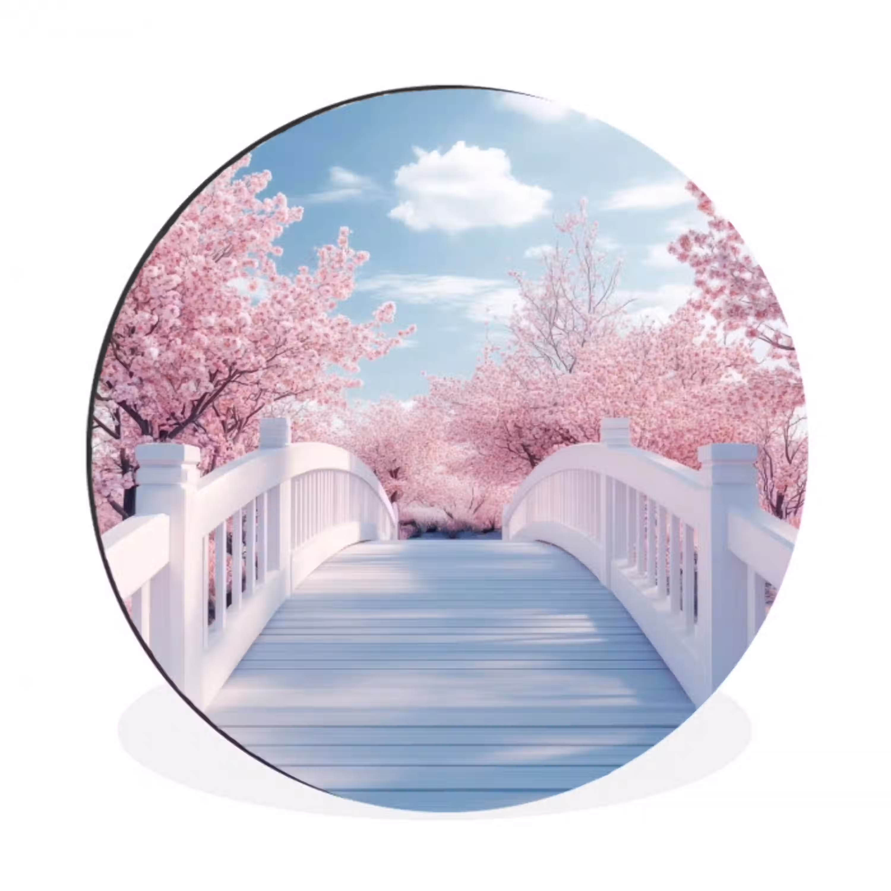 Brug - Kersenbomen - Wit Wandcirkel aluminium klein -3d