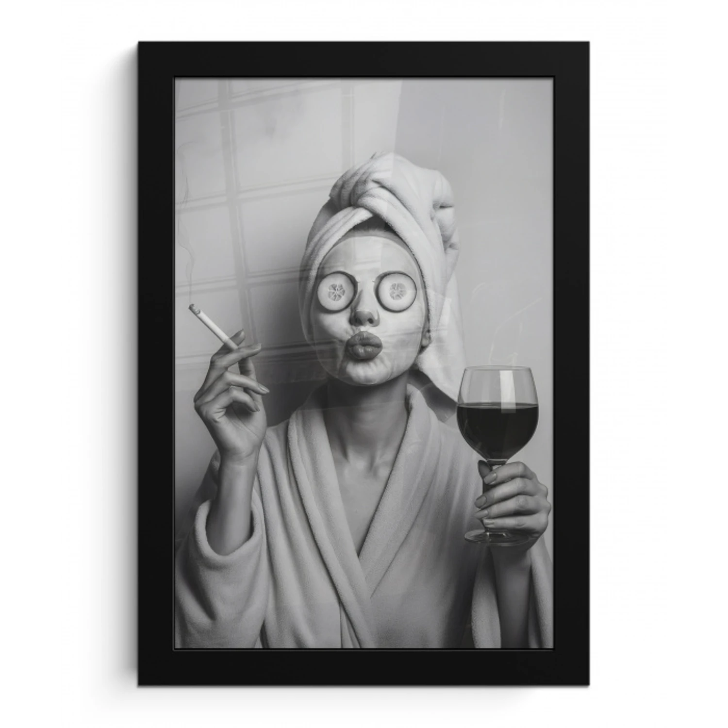 Vrouw - Masker - Wijn - Sigaret fotolijst zwart zonder passe partout klein -3d