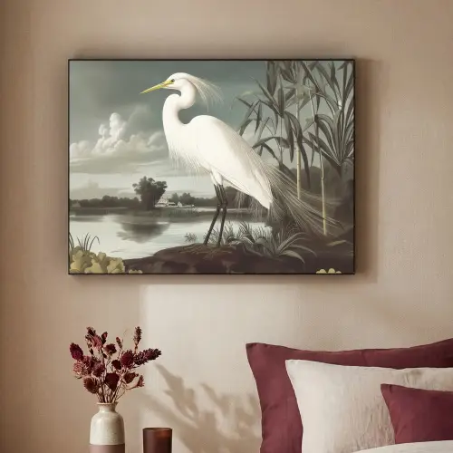 Reiger - Planten - Wolken - Wit Textielframe zwart klein -sfeer1