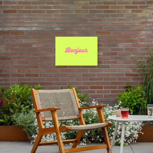 Groen - Roze bonjour - Retro Tuinposter op houten frame 2 cm dik klein -sfeer3