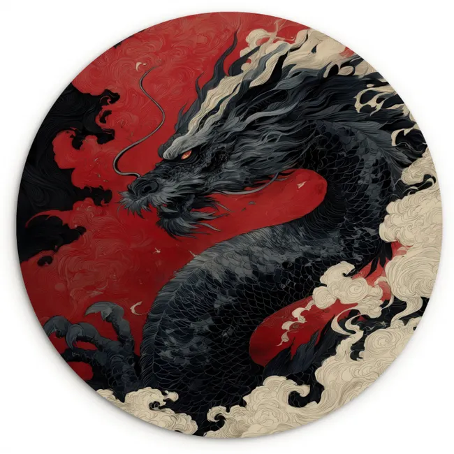 Zwarte draak - Rookwolken - Rood Wandcirkel kunststof plaat 5mm dik klein -3d