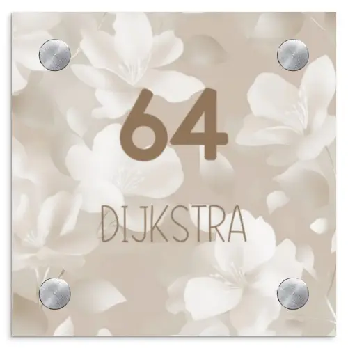 Beige bloemen - Modern Naambord Vierkant klein -3d