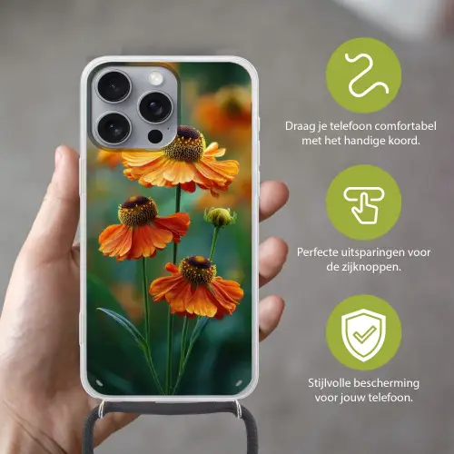 Oranje bloemen - Levendig - Wazige achtergrond Hoesje iPhone 16 Pro Max met koord klein -sfeer2_NL