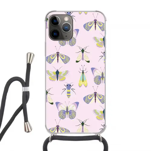 Insecten - Vlinders - Patroon - Roze - Kleurrijk Hoesje iPhone 12 Pro met koord klein -3d