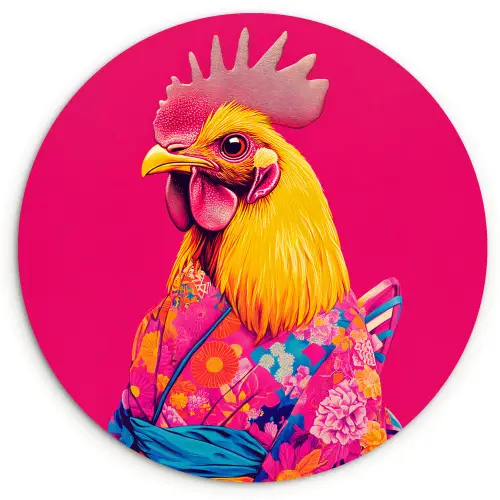 Haan - Kleurrijk - Kimono - Roze Wandcirkel kunststof plaat 5mm dik klein -3d
