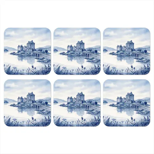 Schots - Kasteel - Blauw - Aquarel onderzetter kurk middel -3d