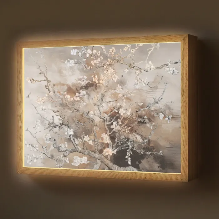 Amandelbloesem - Kunst - Van Gogh - Beige - Abstract Light Box met batterij (Wandlamp) middel -z3d_website