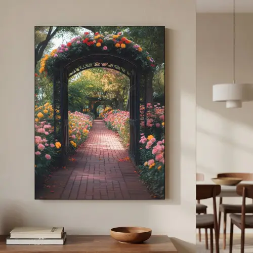 Doorkijk - Bloemen - Pad - Natuur - Kleurrijk Textielframe - compleet frame klein -sfeer2