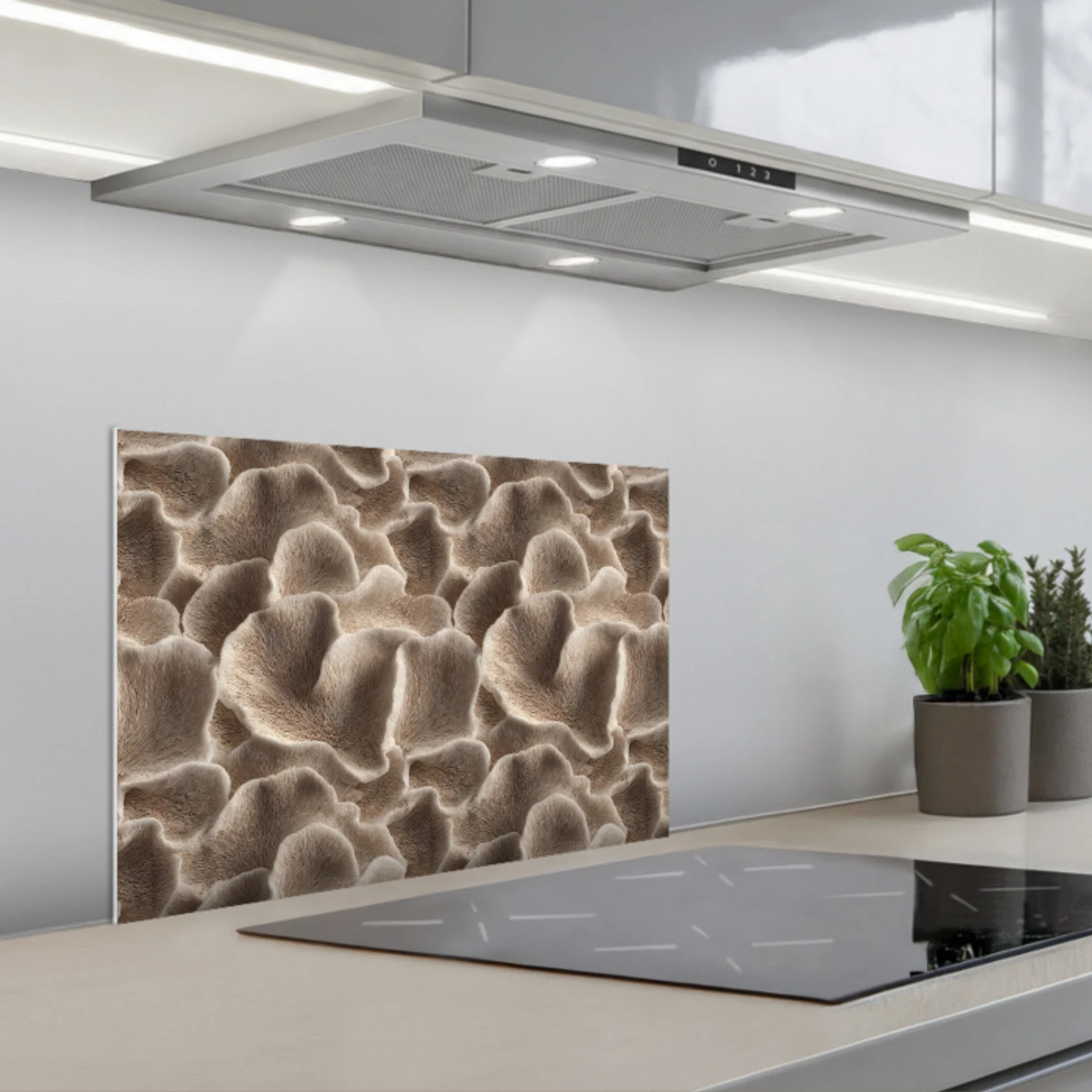 Waaiervorm - Beige - Vezel textuur keuken achterwand spatscherm klein 900 -3d_schuin