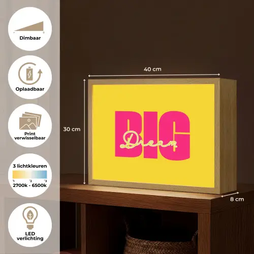 Dream big - Geel - Roze Light Box met batterij (Wandlamp) middel -USP_websiteoverzichtNL