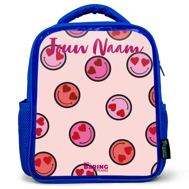 Rugzak kind met naam - Blauw Hartje - Smiley - Patroon