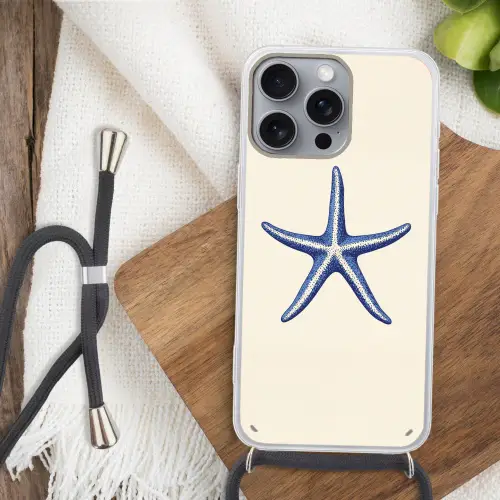Blauwe zeester - Minimalistisch - Beige Hoesje iPhone 16 Pro Max met koord klein -sfeer4