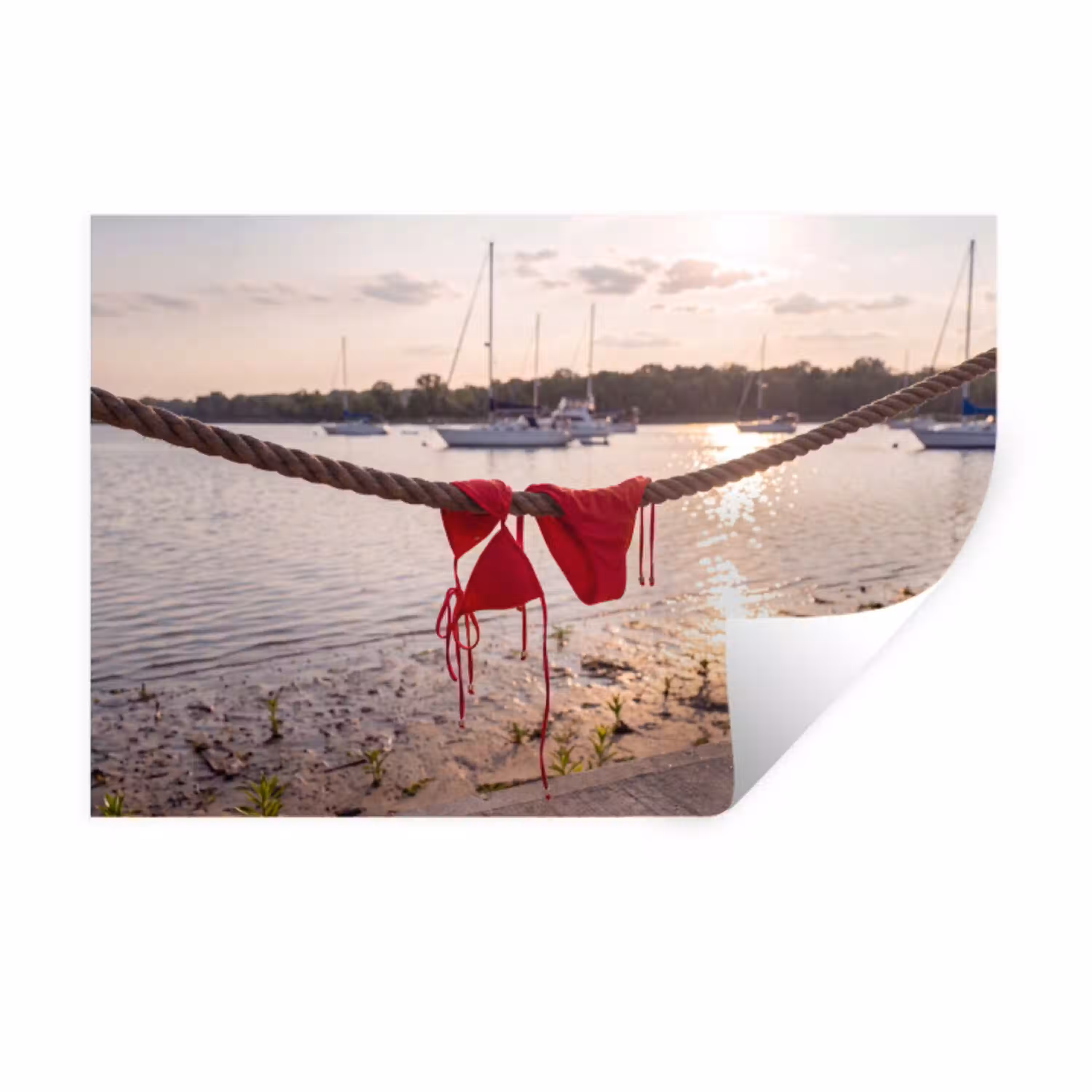 Badkleding - Rood - Zomer - Water - Zonsondergang Muursticker klein -3d