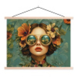 Vrouw - Bloemen - Vlinders - Natuur - Vintage textielposter latten blank klein -3d