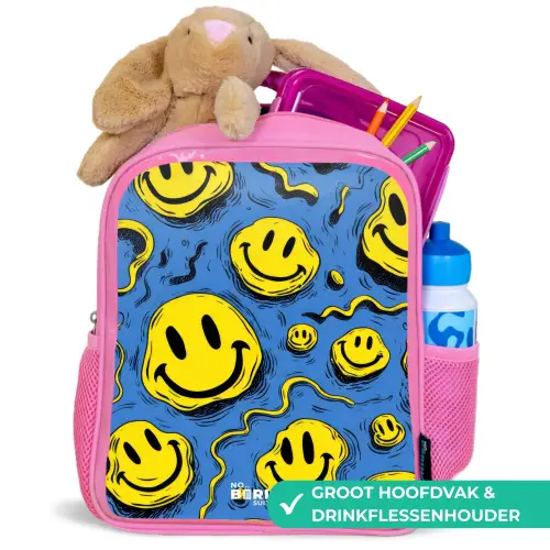 Smiley - Blauw - Geel Kinderrugzak - Roze middel -inhoud_NL